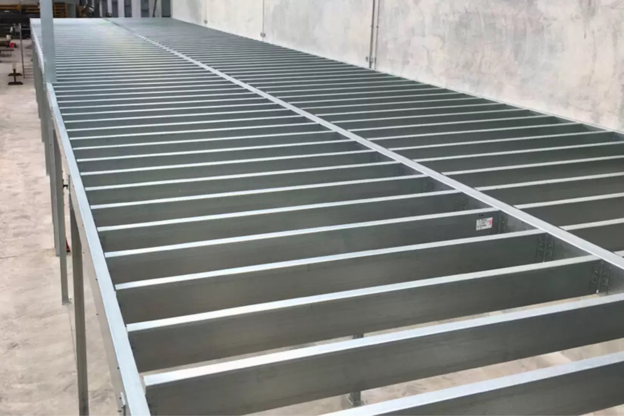 Multi-level steel deck framing in progress