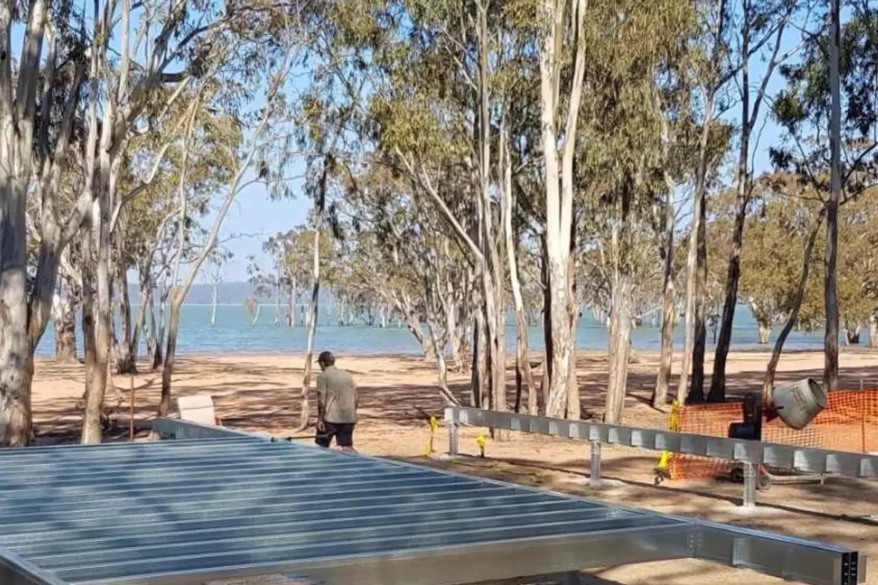 Steel deck bearers installed on concrete stumps