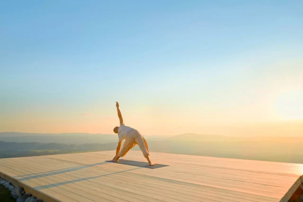 Scenic deck platform with mountain views at sunset
