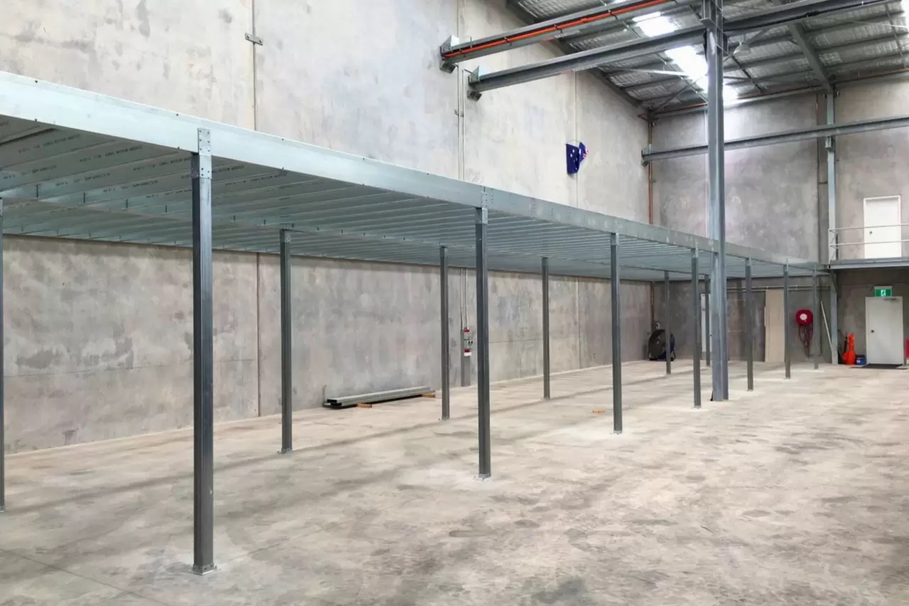 Elevated steel deck framing underside view