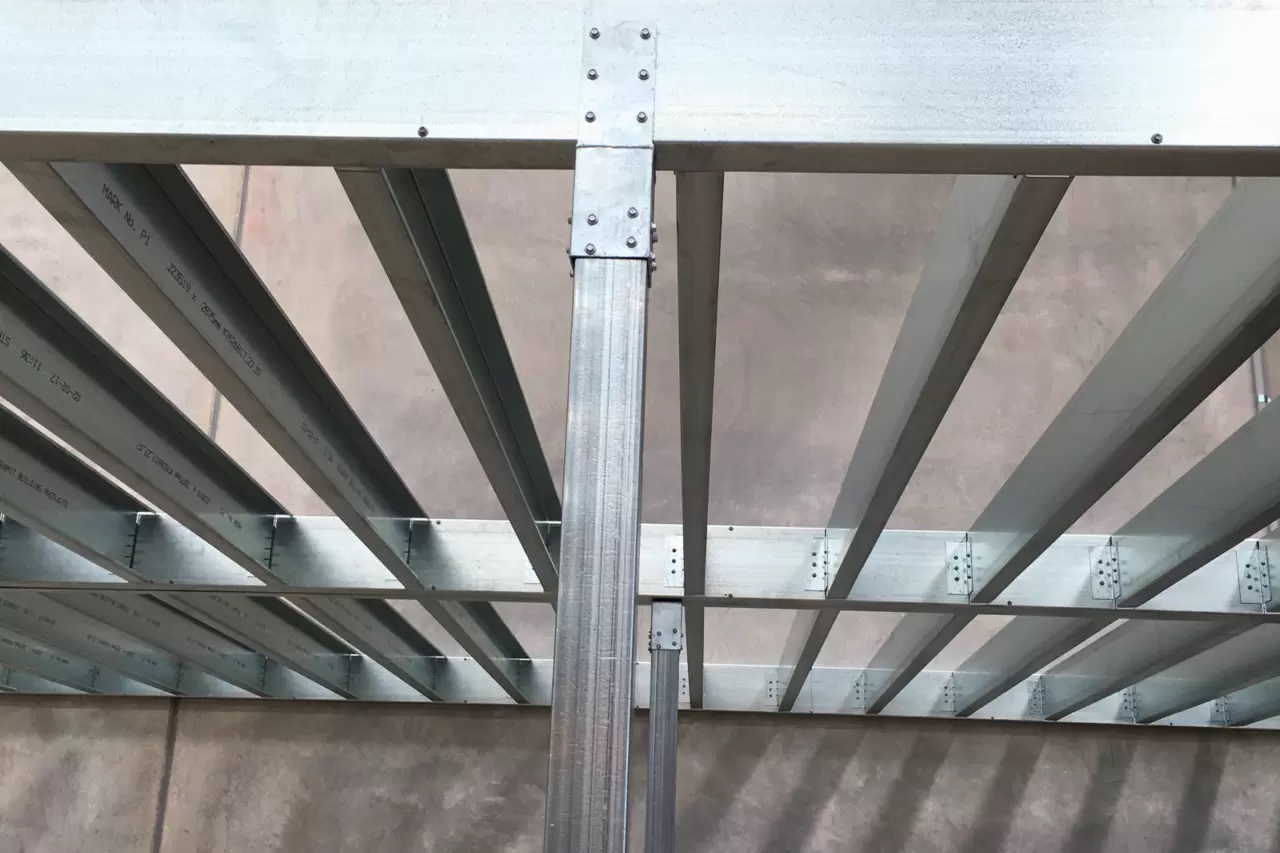 Steel joist and bearer framing detail from below